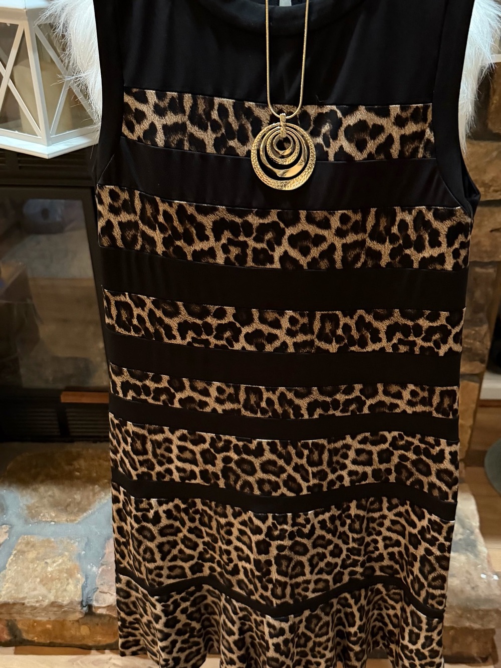Michael Kors Black and Brown Leopard-Print A-Line Dress with Stripes